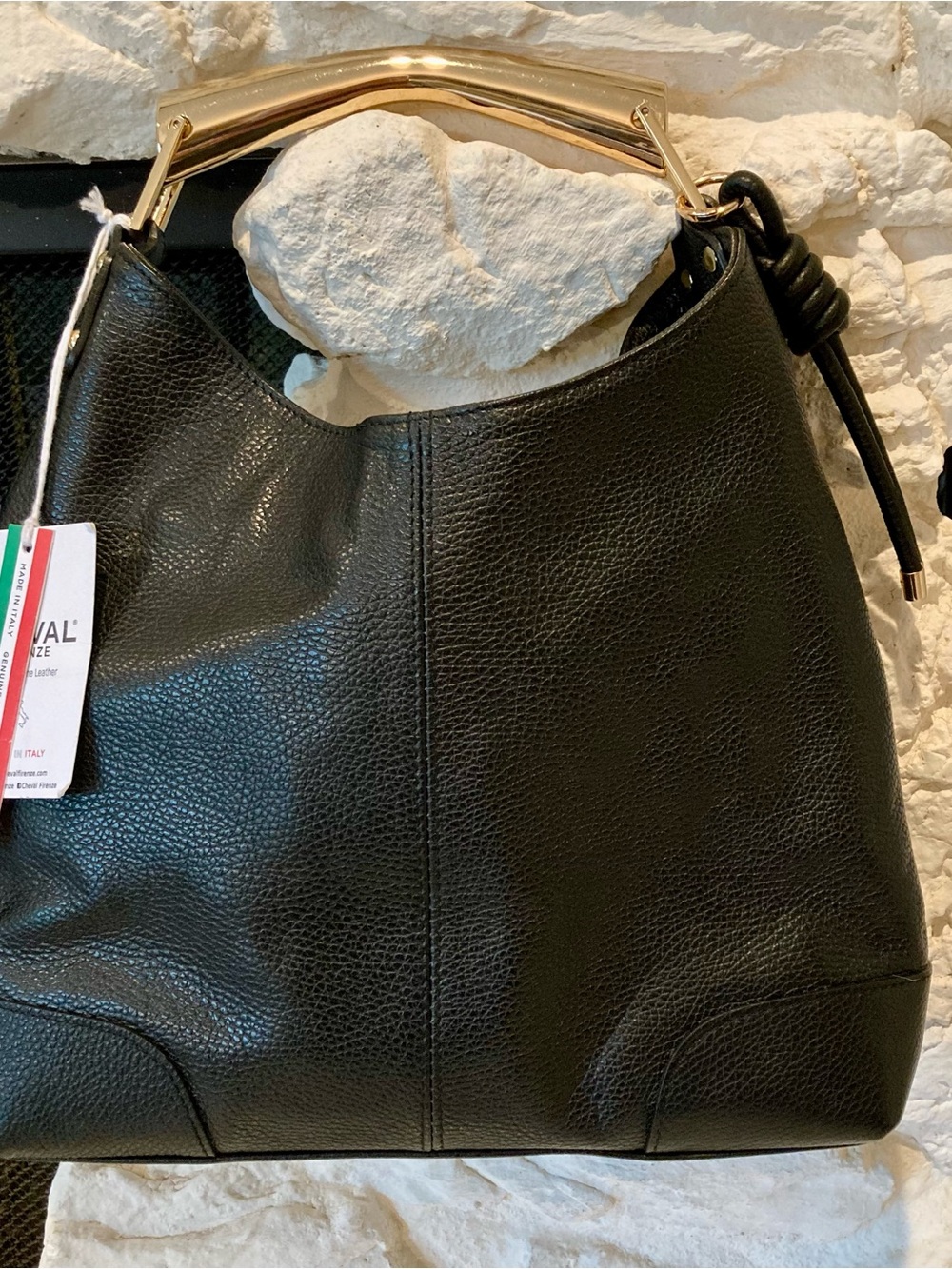 NWT Cheval Firenze black leather hobo style bag with dramatic gold metal handle